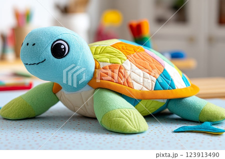 Handmade colorful turtle plush toy resting on white table Handmade colorful turtle plush toy resting on white table 123913490