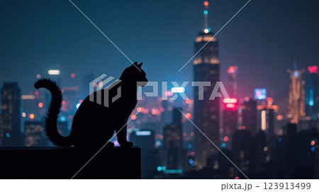Cat silhouette with glowing city skyline at night 123913499
