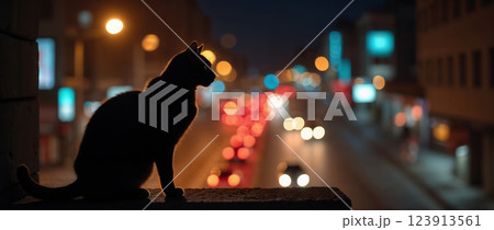 Cat silhouette against blurred urban night traffic lights 123913561