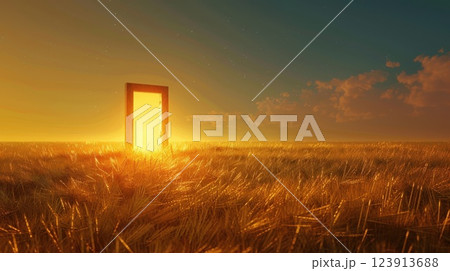 Golden Wheat Field With a Mysterious Glowing Door at Sunset 123913688