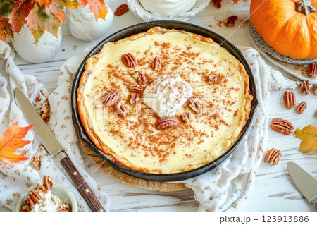 Delicious pumpkin cheesecake topped with whipped cream and pecans on a rustic kitchen table during autumn Delicious pumpkin cheesecake topped with whipped cream and pecans on a rustic kitchen table during autumn 123913886