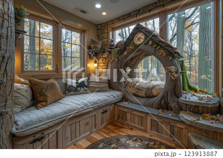 Cozy nook with whimsical tree-shaped bed and natural light in a rustic forest setting during autumn 123913887