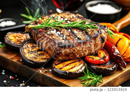 Grilled steak with rosemary served on a wooden board alongside colorful roasted vegetables 123913929
