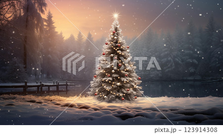 Snowy Christmas Tree with Lights in Winter Forest 123914308
