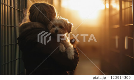 Woman Holding Small Dog in Warm Sunset Light 123914309
