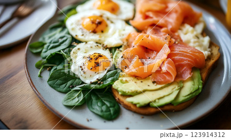 Healthy Breakfast with Fried Eggs, Smoked Salmon, and Avocado 123914312