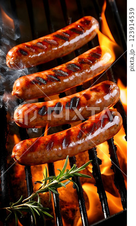 Four grilled sausages on grill. Long fire flames and smoke. Top view. Vertical layout 123914539