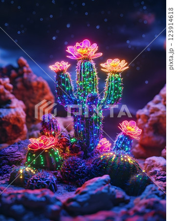 A_glowing_cactus_with_tiny_fairies_flying_around	 123914618