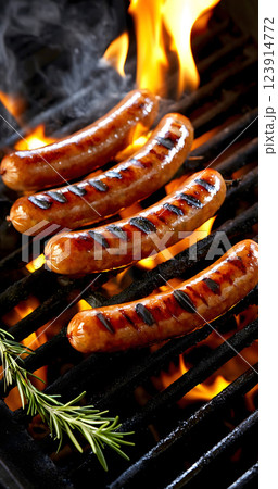 Sausages and rosemary on grill. Fire and coals in the background. Top view. Vertical layout 123914772