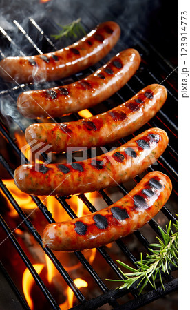 Five grilled sausages and rosemary on grill over fire. Top view. Vertical layout. AI illustration 123914773