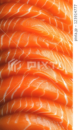Slices of red salmon fish. Sashimi background. AI generated vertical layout Slices of red salmon fish. Sashimi background. AI generated vertical layout 123914777