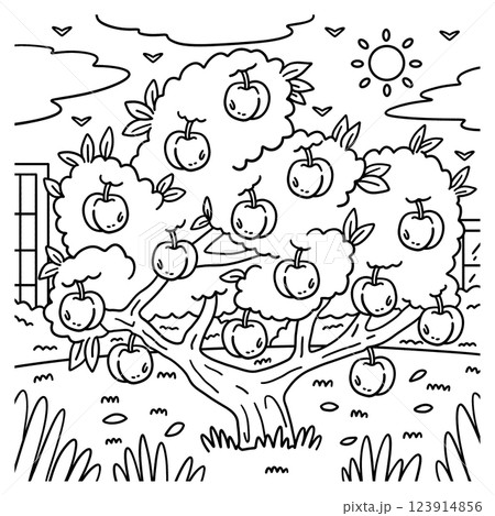 Peach Tree Fruit Plant Coloring Page for Kids 123914856