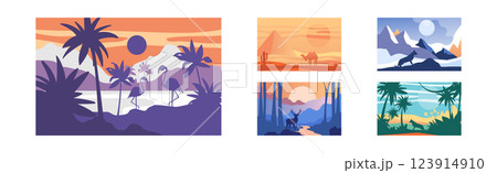 Beautiful Scene of Nature, Peaceful Landscape with Wild Animals Vector Set 123914910