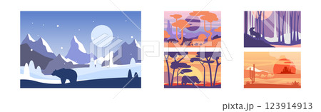 Beautiful Scene of Nature, Peaceful Landscape with Wild Animals Vector Set 123914913