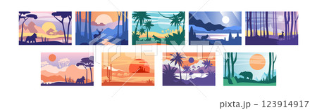 Beautiful Scene of Nature, Peaceful Landscape with Wild Animals Vector Set 123914917