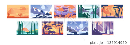 Beautiful Scene of Nature, Peaceful Landscape with Wild Animals Vector Set 123914920