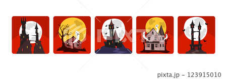 Halloween Spooky House and Ghost Abandoned Old Haunted Castle Vector Set 123915010