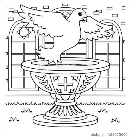 Baptism Dove and Baptismal Font Coloring Page  123915063