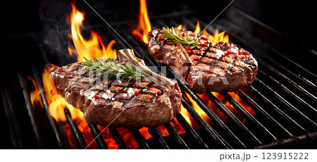 Grilled meat on grill. Coals are on fire. For barbecue. Horizontal layout. AI illustration 123915222