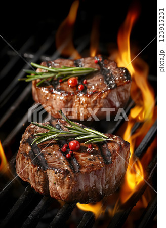Grilled meat on grill. Flames in the background. AI illustration. Vertical layout 123915231