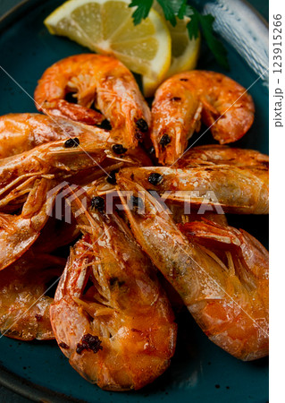Fried with spices, King prawns, undivided , top view, selective focus, seafood, shrimp, no people, Fried with spices, King prawns, undivided , top view, selective focus, seafood, shrimp, no people, 123915266