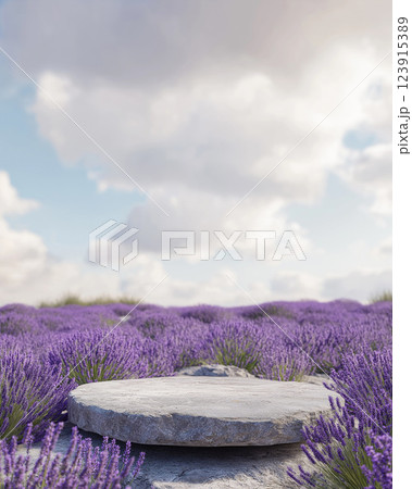 Thin grey stone podium in the lavender field. Mountains behind. For displaying natural products 123915389