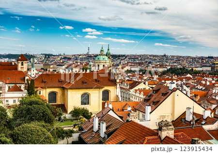 Amazing Panoramic View Of An Old Town In Prague Features Tiled Roofs Under A Blue Sky Amazing Panoramic View Of An Old Town In Prague Features Tiled Roofs Under A Blue Sky 123915434