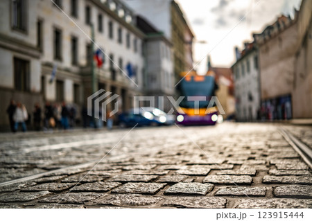 Tram On An Old Cobblestone Street In The Old Town Of Prague 123915444