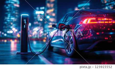 sleek electric car charging at modern station in vibrant cityscape 123915552