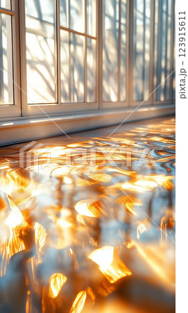 serene interior with sunlight reflecting on water surface 123915611