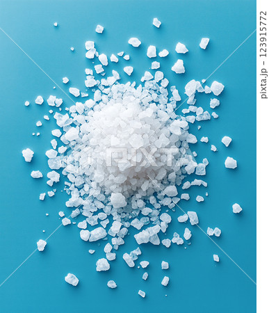 Pile of coarse salt on light blue background. AI  illustration. Food design 123915772