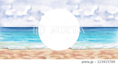 Rectangular frame on seascape background. Isolated watercolor illustration on holiday theme for design of tourist brochures, postcards, menu of coastal restaurants. Rectangular frame on seascape background. Isolated watercolor illustration on holiday theme for design of tourist brochures, postcards, menu of coastal restaurants. 123915789