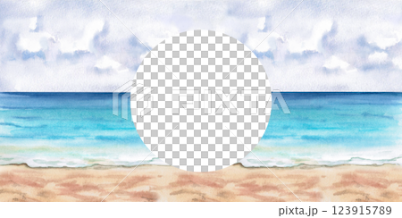 Rectangular frame on seascape background. Isolated watercolor illustration on holiday theme for design of tourist brochures, postcards, menu of coastal restaurants. Rectangular frame on seascape background. Isolated watercolor illustration on holiday theme for design of tourist brochures, postcards, menu of coastal restaurants. 123915789