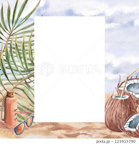 Square frame with coconuts, palm branches on sand and sky background. Isolated watercolor illustration on holiday theme for design of tourist brochures, postcards, menu of coastal restaurants. 123915790