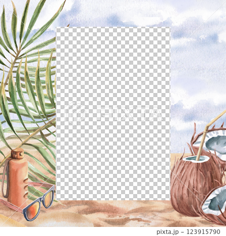 Square frame with coconuts, palm branches on sand and sky background. Isolated watercolor illustration on holiday theme for design of tourist brochures, postcards, menu of coastal restaurants. 123915790