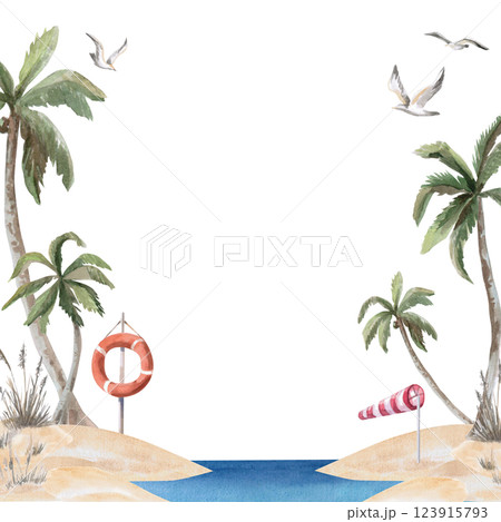 Square frame with palm trees, lifebuoy, flags, palm tree, seagull. Isolated watercolor illustration on the theme of beach holidays for the design of tourist brochures,menus of coastal restaurants. 123915793