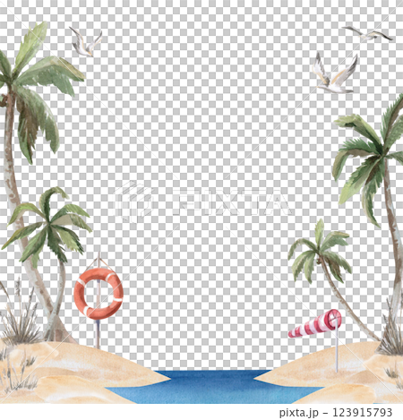 Square frame with palm trees, lifebuoy, flags, palm tree, seagull. Isolated watercolor illustration on the theme of beach holidays for the design of tourist brochures,menus of coastal restaurants. 123915793