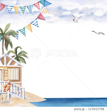 Square frame with beach house on the shore, palm tree, seagull. Isolated watercolor illustration on the theme of beach holidays for the design of tourist brochures, menus of coastal restaurants Square frame with beach house on the shore, palm tree, seagull. Isolated watercolor illustration on the theme of beach holidays for the design of tourist brochures, menus of coastal restaurants 123915796