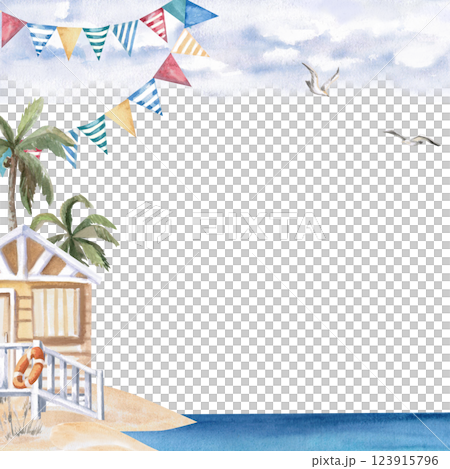 Square frame with beach house on the shore, palm tree, seagull. Isolated watercolor illustration on the theme of beach holidays for the design of tourist brochures, menus of coastal restaurants 123915796