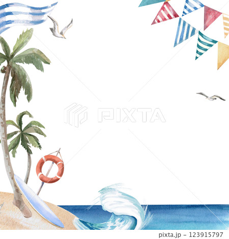 Square frame with seashore, palm tree and wave. Isolated watercolor illustration on the theme of beach holidays for design of tourist brochures, postcards, menu of coastal restaurants. 123915797