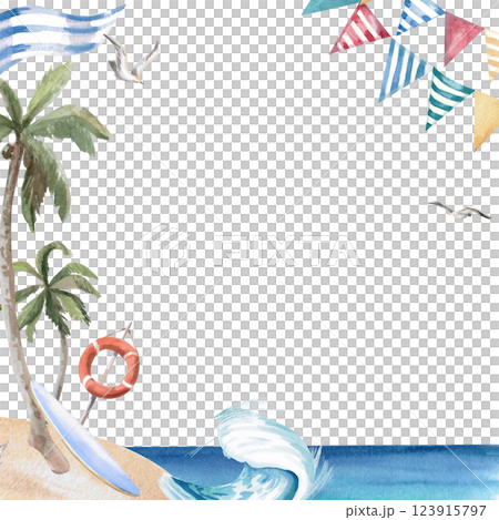 Square frame with seashore, palm tree and wave. Isolated watercolor illustration on the theme of beach holidays for design of tourist brochures, postcards, menu of coastal restaurants. 123915797