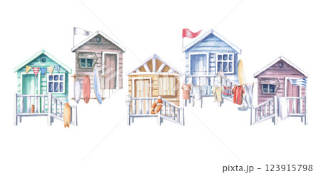 Colorful beach houses. Isolated watercolor illustration of everyday life scene for design of sea restaurants, menu, printing on t-shirts, postcards, posters. 123915798