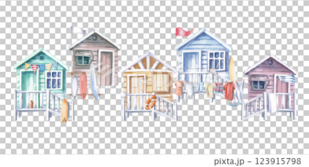 Colorful beach houses. Isolated watercolor illustration of everyday life scene for design of sea restaurants, menu, printing on t-shirts, postcards, posters. 123915798