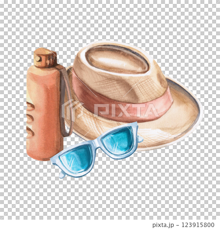 Straw hat, sunglasses and water bottle. Isolated watercolor illustration of summer vacation attributes for beach goods design, t-shirt printing, postcards. Straw hat, sunglasses and water bottle. Isolated watercolor illustration of summer vacation attributes for beach goods design, t-shirt printing, postcards. 123915800
