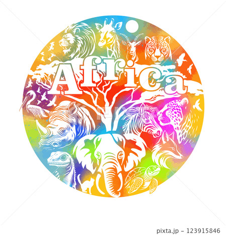 Africa colored abstract with animals. hand drawing. Not AI, Vector illustration 123915846