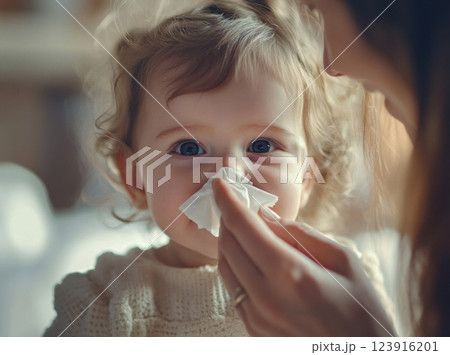 A mother tenderly wipes the runny nose of her adorable toddler in a warm, soft-focus home setting. The child's innocent expression shows trust and comfort in this caring moment. 123916201