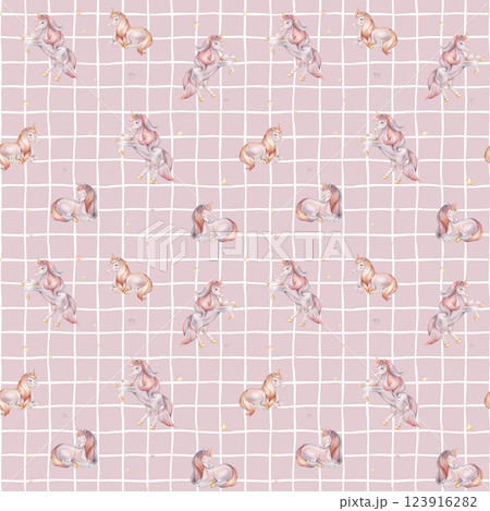 Seamless watercolor pattern with Unicorn and multicolored stars on isolated checkered background. Hand drawn Illustrations for nursery wallpaper, baby textiles or paper. Pastel colors pony 123916282