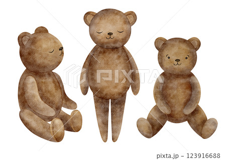 Vintage bears set. Watercolor illustration teddy sitting, standing. Retro style toy hand drawn drawing isolated on white background for greeting cards design, handmade, invitations, posters, kids room 123916688