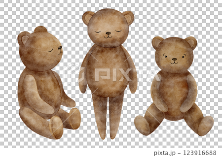 Vintage bears set. Watercolor illustration teddy sitting, standing. Retro style toy hand drawn drawing isolated on white background for greeting cards design, handmade, invitations, posters, kids room 123916688