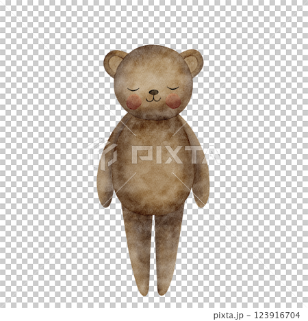 Toy plush bear retro teddy stands handmade. Watercolor vintage illustration. Cartoon style character isolated on white for design of children's products, labels, poster, postcard, clothes, invitations 123916704